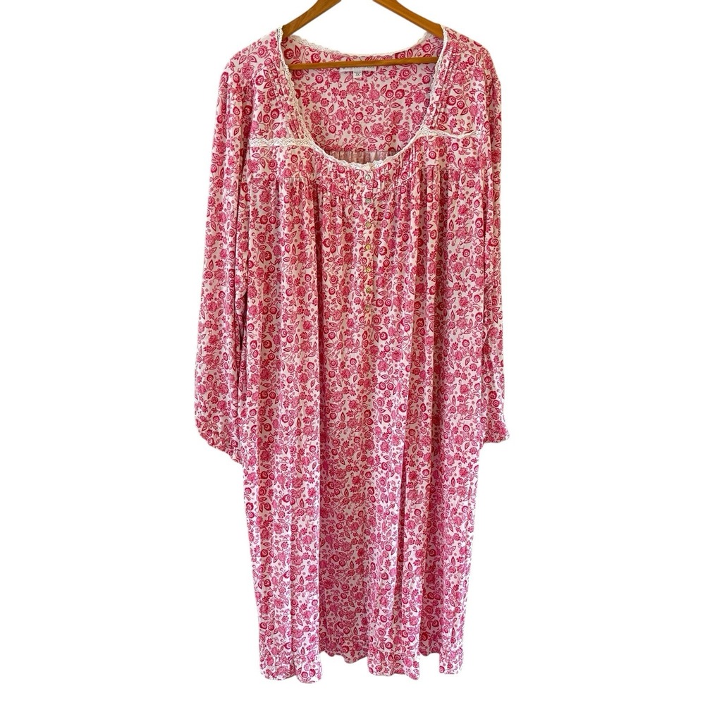 Eileen West Knit Waltz Traditional Nightgown 3X Pink Floral Lace Trim Cottage